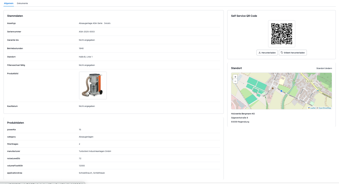 Digital asset file of an extraction system with master data, product data, self-service QR code and location