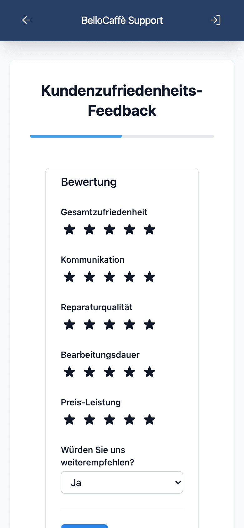 Kundenformular für Feedback und Produktregistration