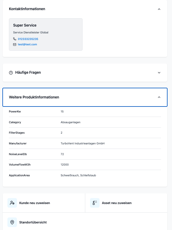 Self-service view with contact information, FAQ and further product information