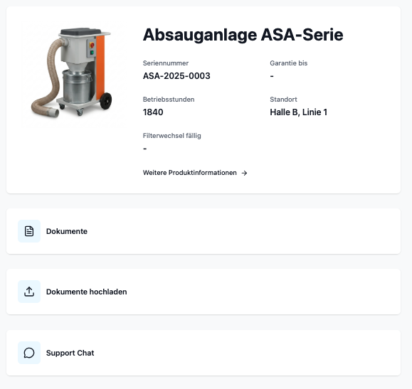 Self-service view of a device with master data, documents and support chat
